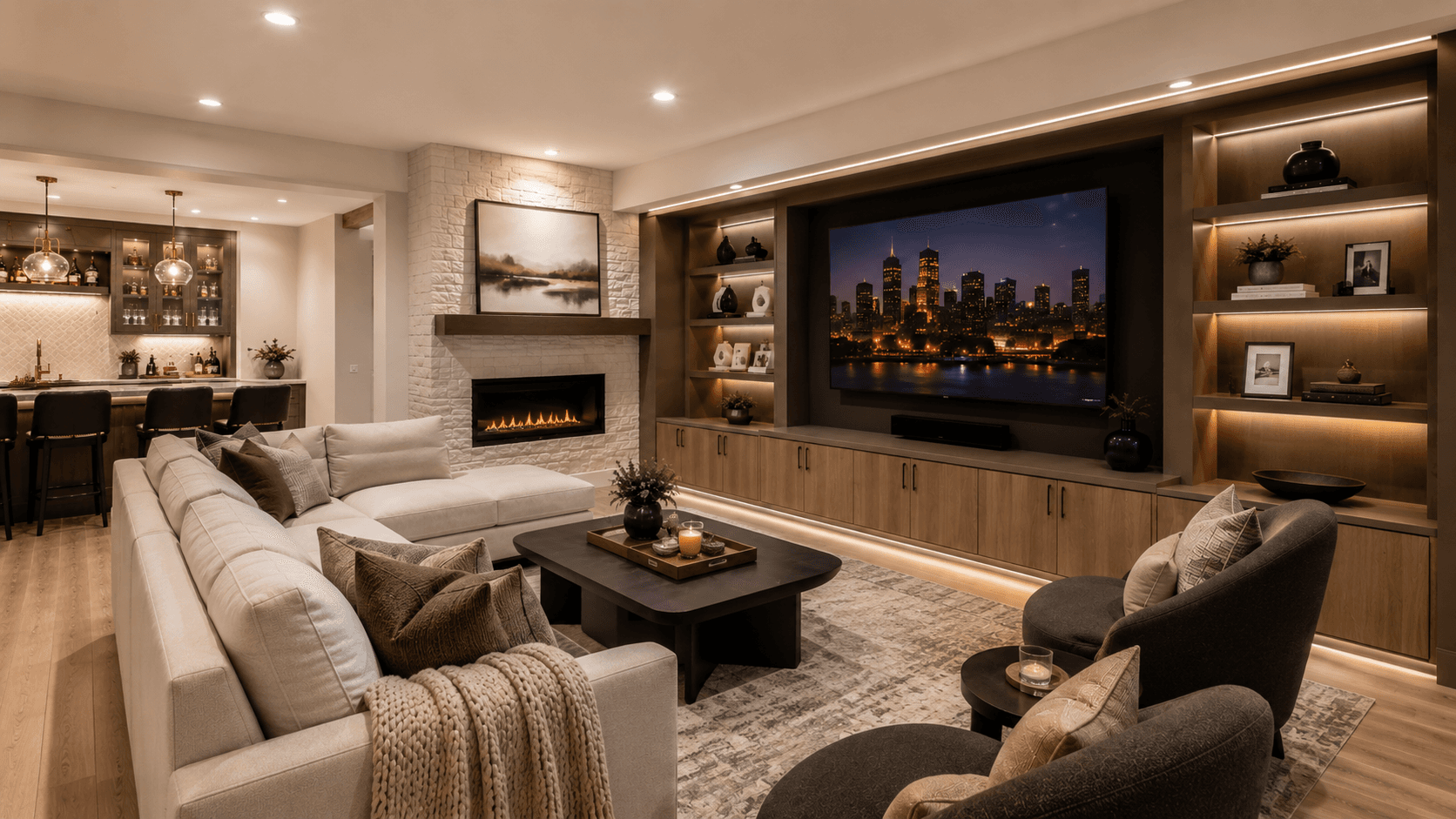 Lower-level family room concept for the fictional Mercer remodel